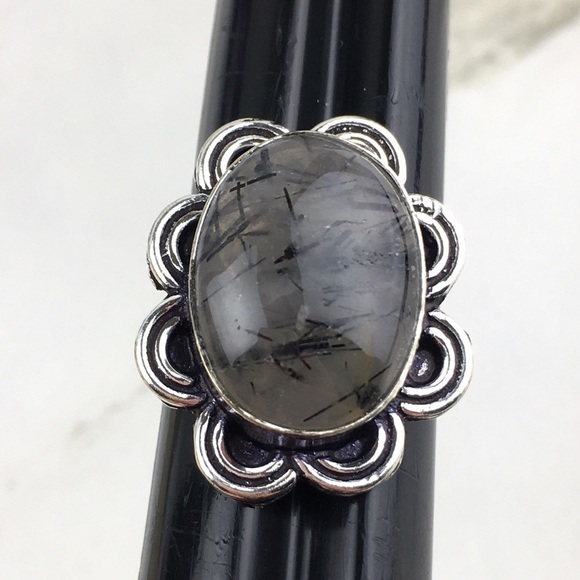 New Black Rutile Rutilated Quartz Crystal Stone Silver Overlay Ring 7.25 - 7.5 - Picture 3 of 7
